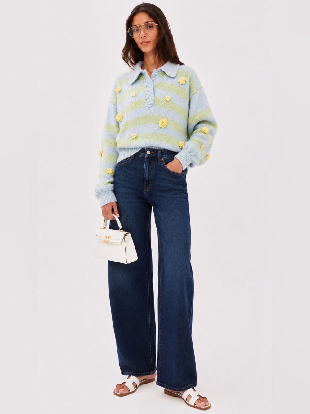 ZARA Floral Appliqué Knit Polo Sweater